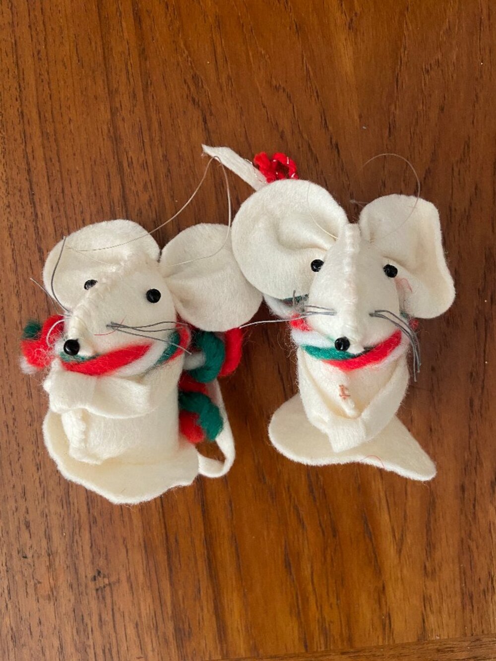 Vintage Pair of 2 White Felt Mice Christmas Ornaments - 2 inch Handmade